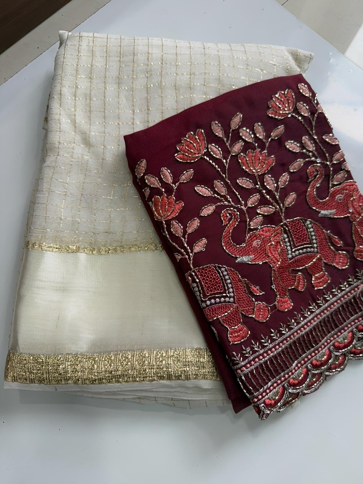 Nidhi Georgette Chex saree with Work blouse piece - Rich launch