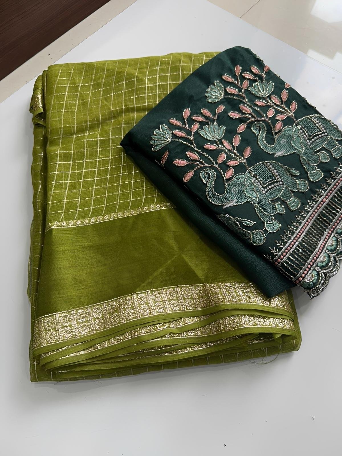 Nidhi Georgette Chex saree with Work blouse piece - Rich launch