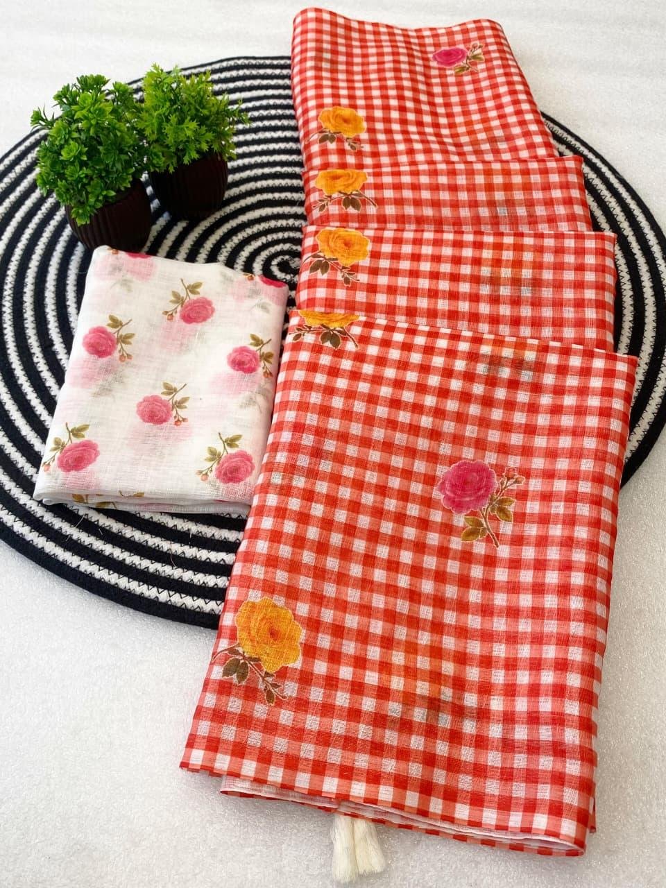 Checks Printed Saree with Floral blouse piece