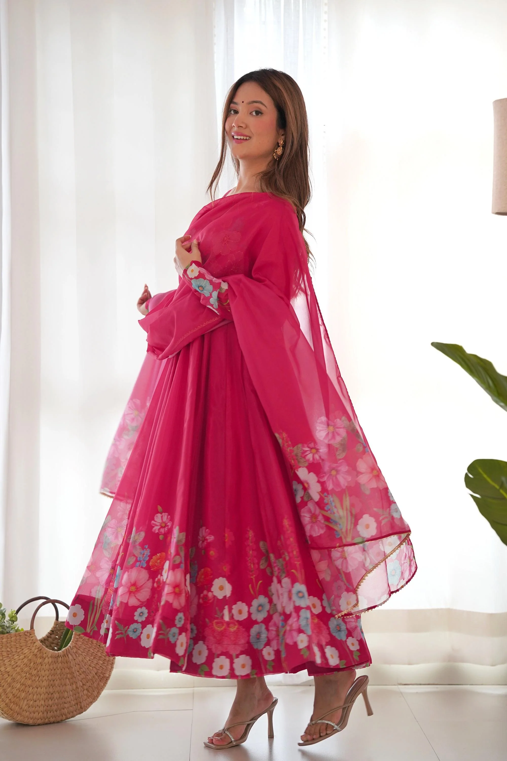 Floral Elegance: Flower Print Anarkali with Zari Work and Dupatta