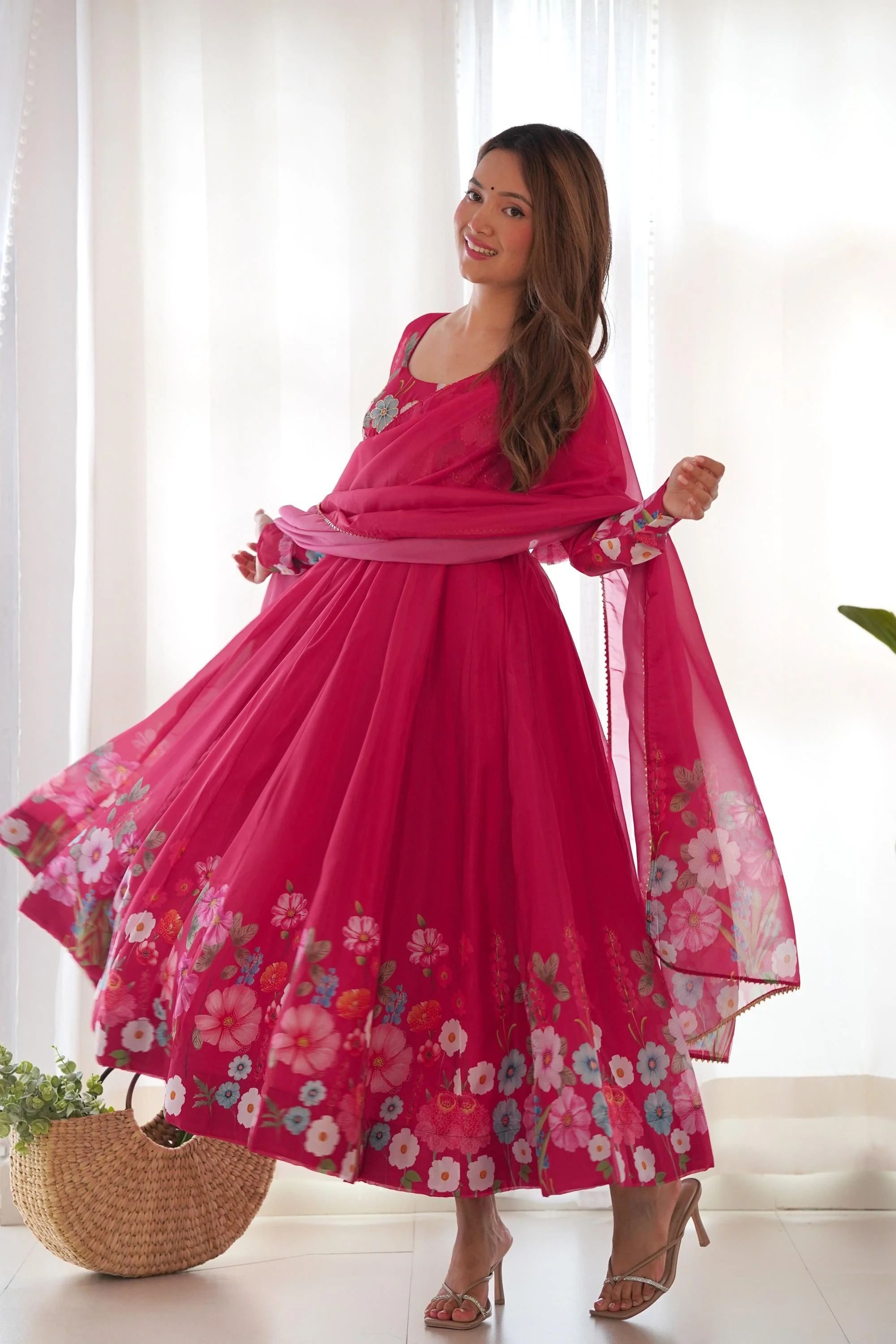 Floral Elegance: Flower Print Anarkali with Zari Work and Dupatta