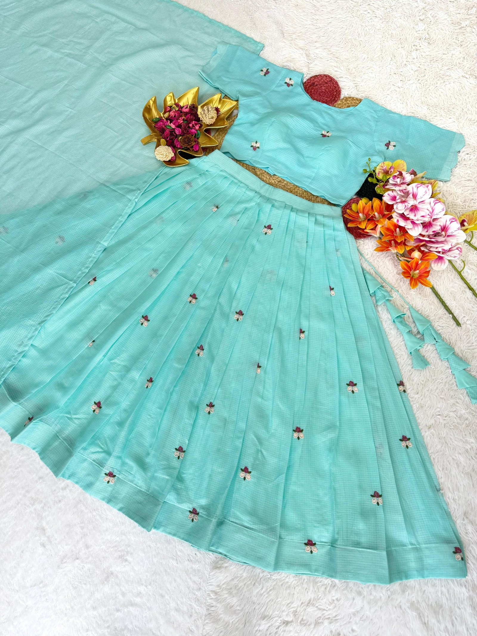 Sky Blue Chex Floral Halfsaree