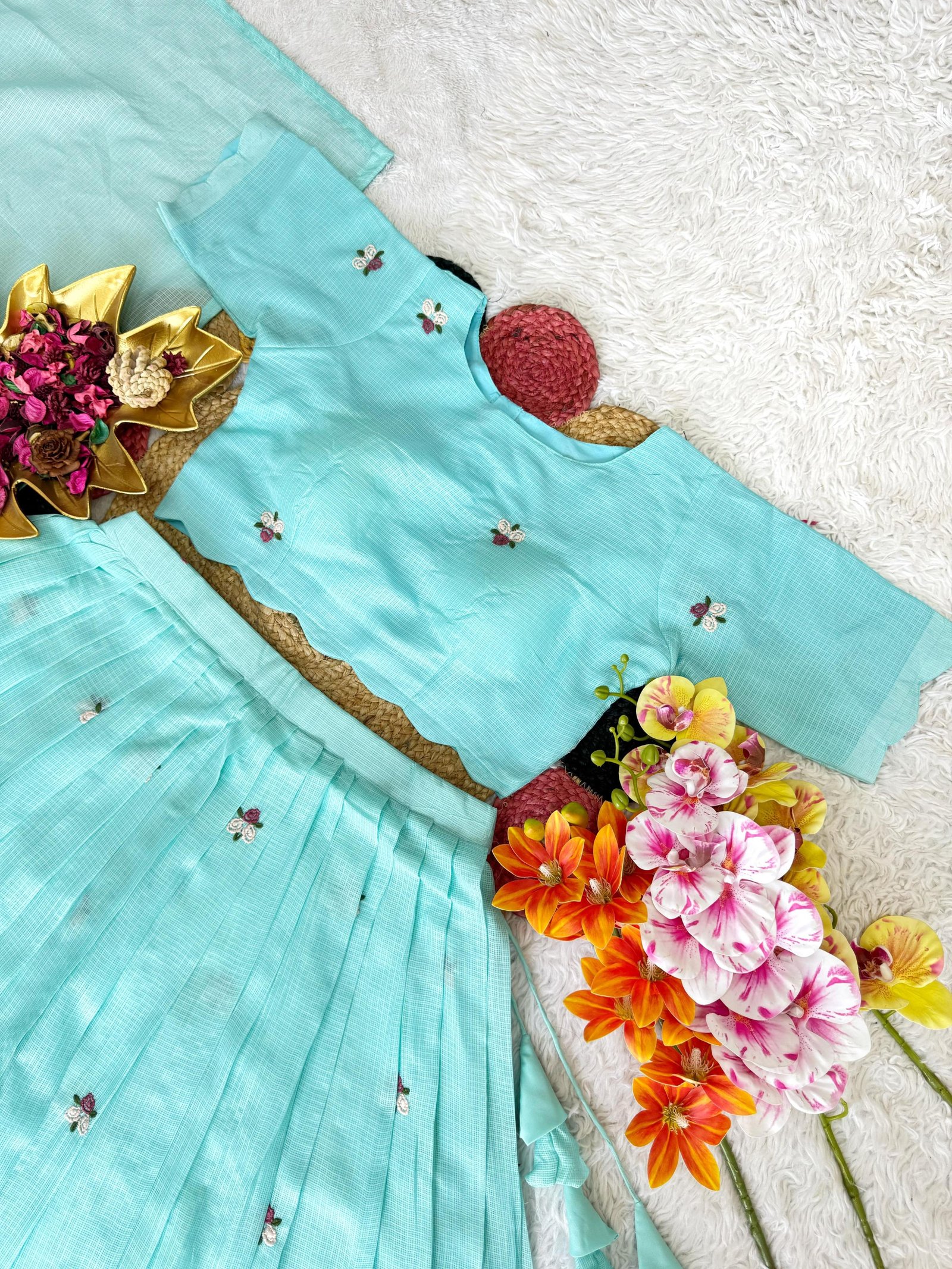 Sky Blue Chex Floral Halfsaree