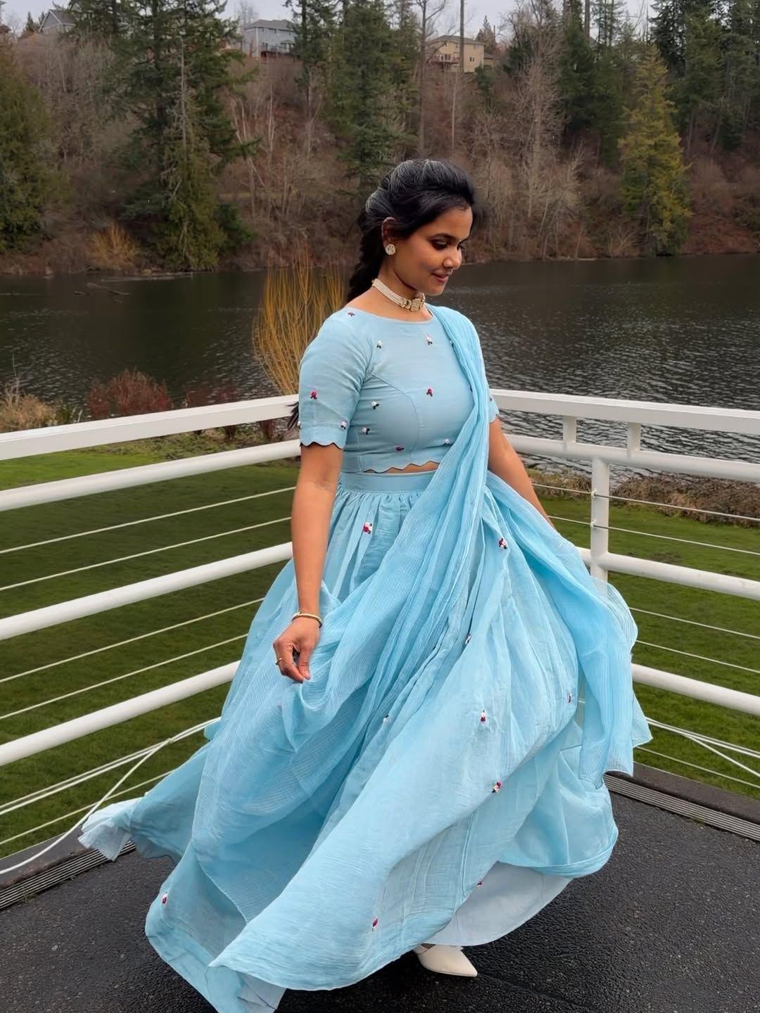 Sky Blue Chex Floral Halfsaree