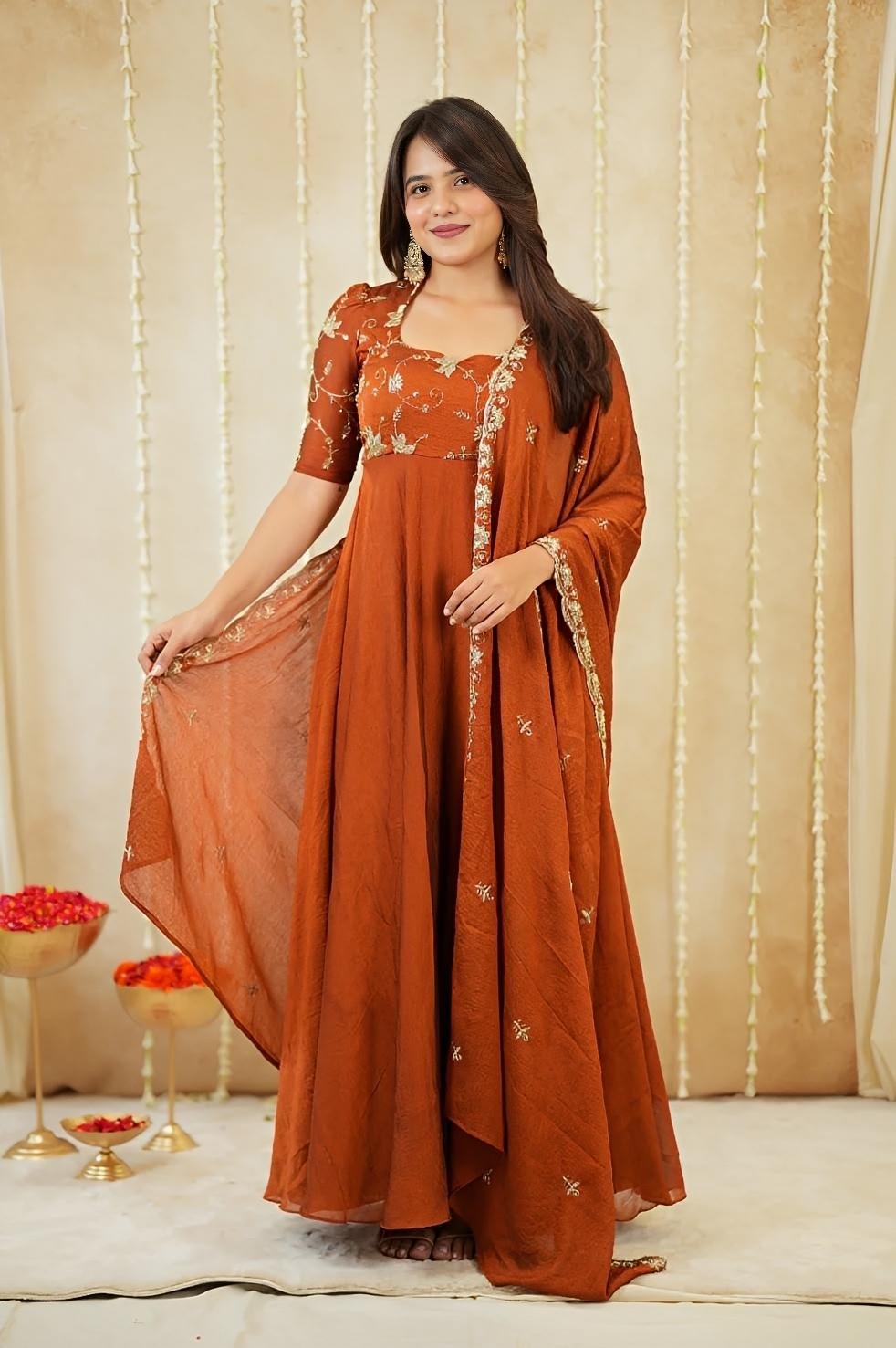 NISHA Rusty Orange Designer  Gown set