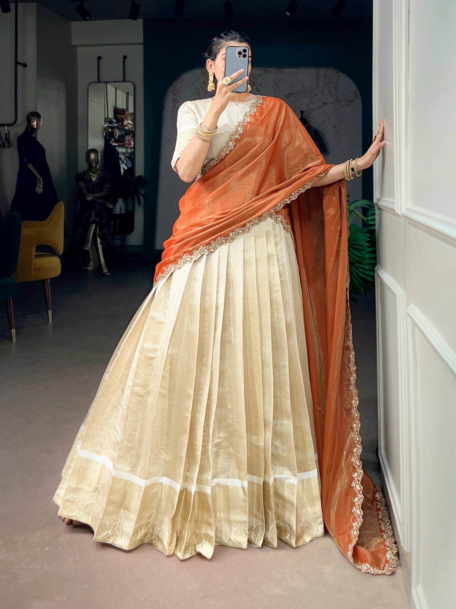 Onam Series - Pearl White Half Saree