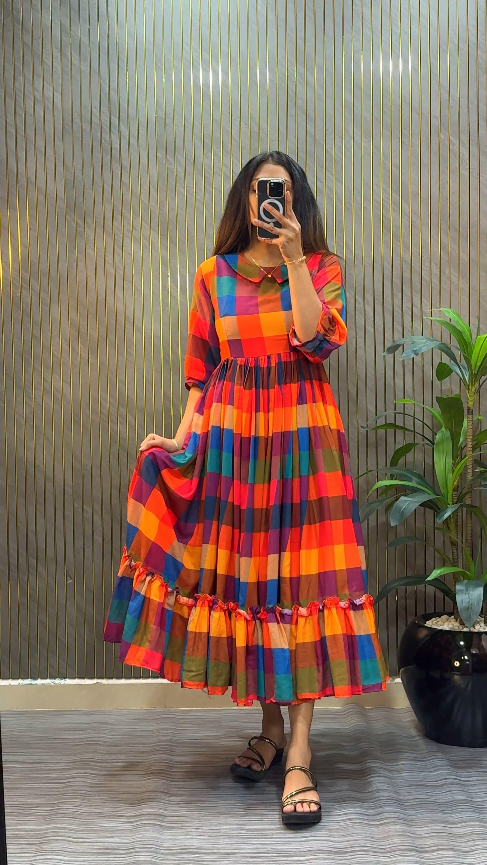 Premium Mul Chanderi Chex printed Midi