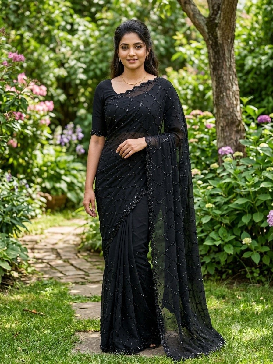 Black  Sparkle Beads  Work Saree