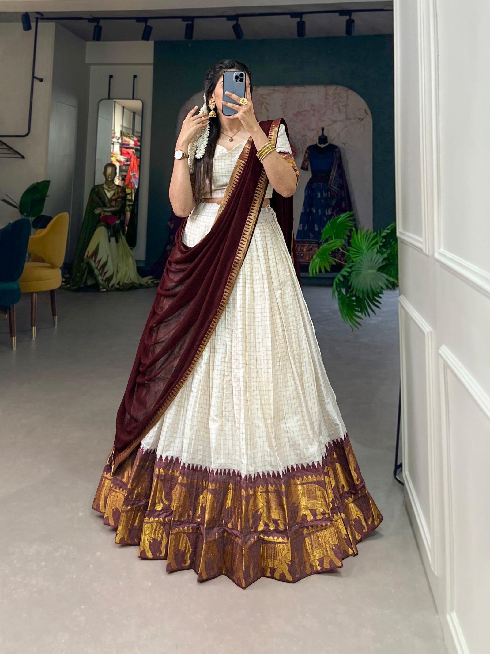 Elegant Poly Cotton Chex Zari Lehenga Choli