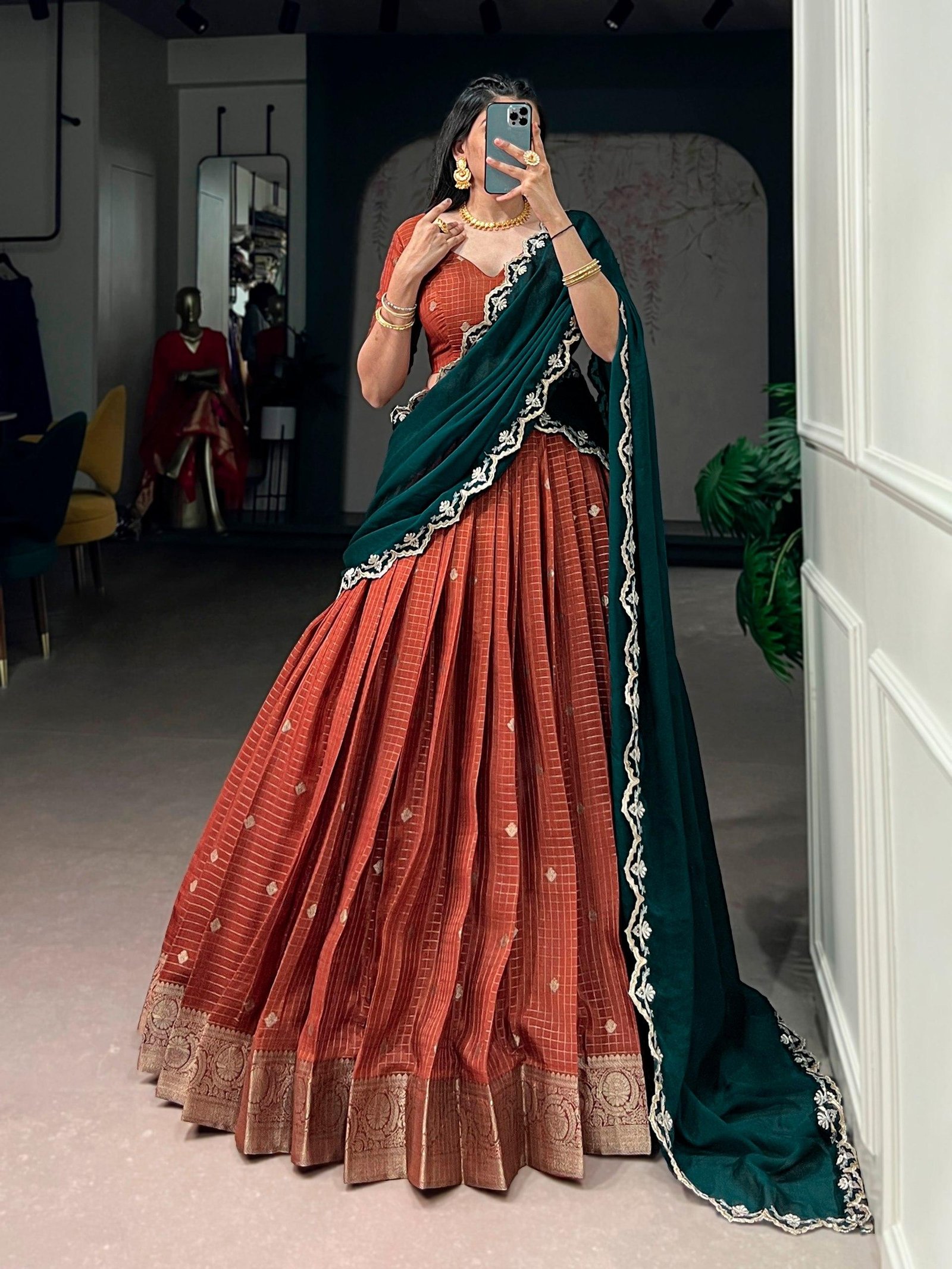 Traditional Chinon Checks Langa Davani – Onam Collection