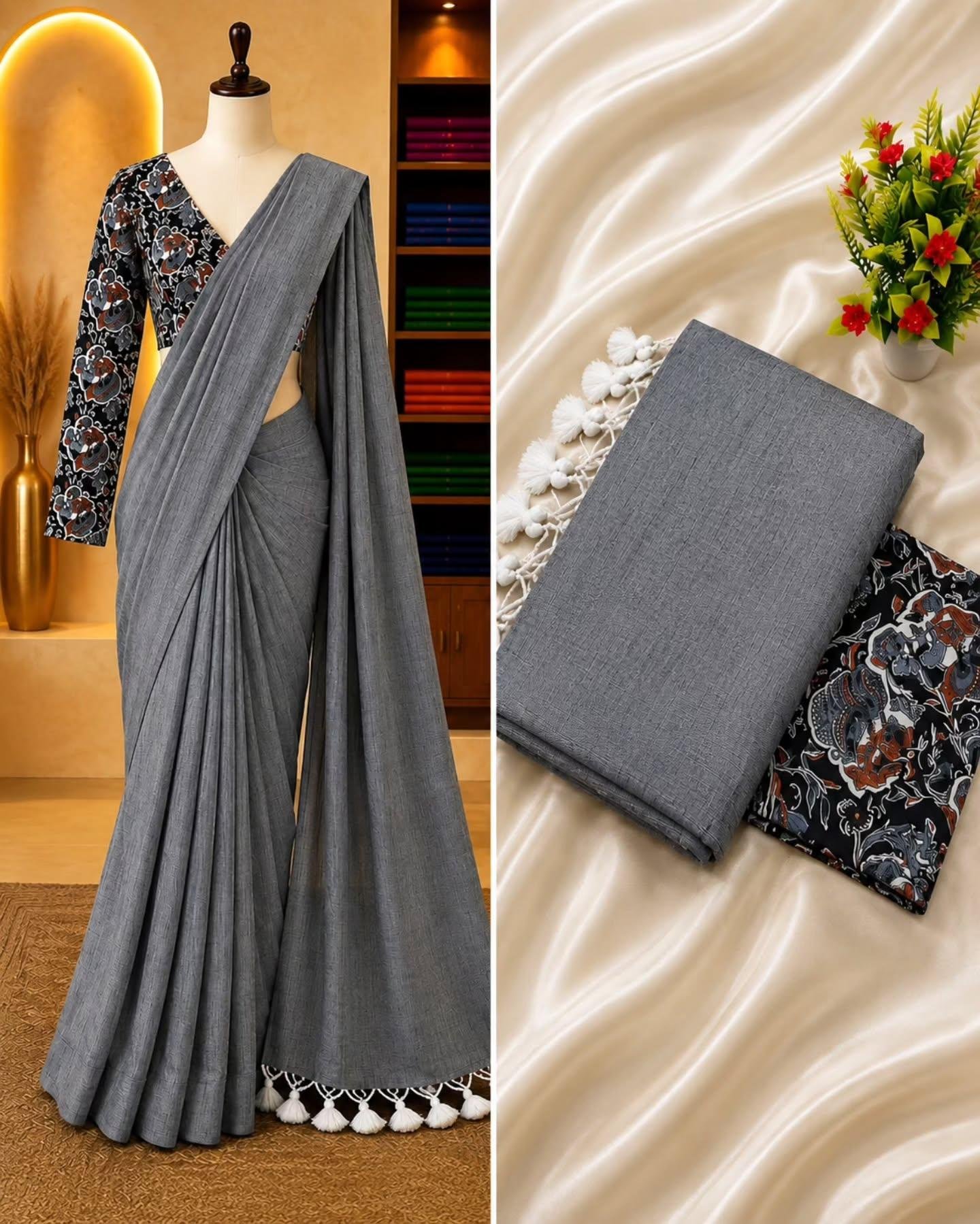 Beautiful Khadi cotton saree with  embroidery blouse