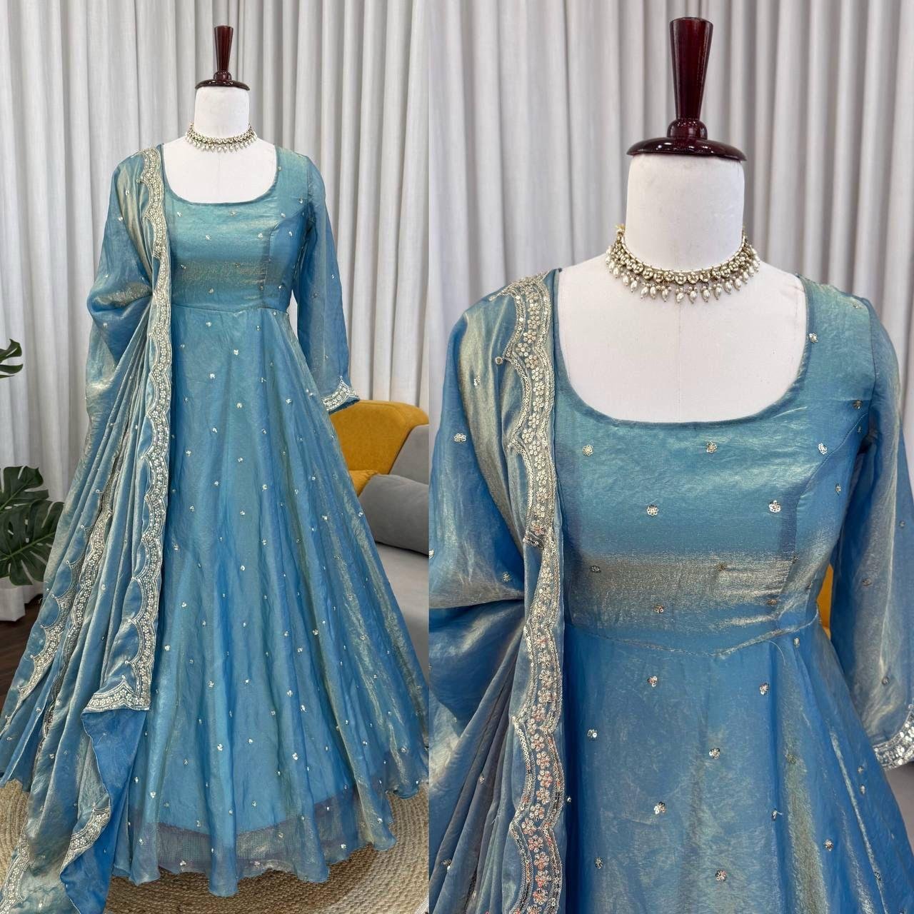 Women’s Fendy Silk Thread & Sequence Work Anarkali Kurta with Plazzo & Dupatta | 3 Piece Ethnic Set