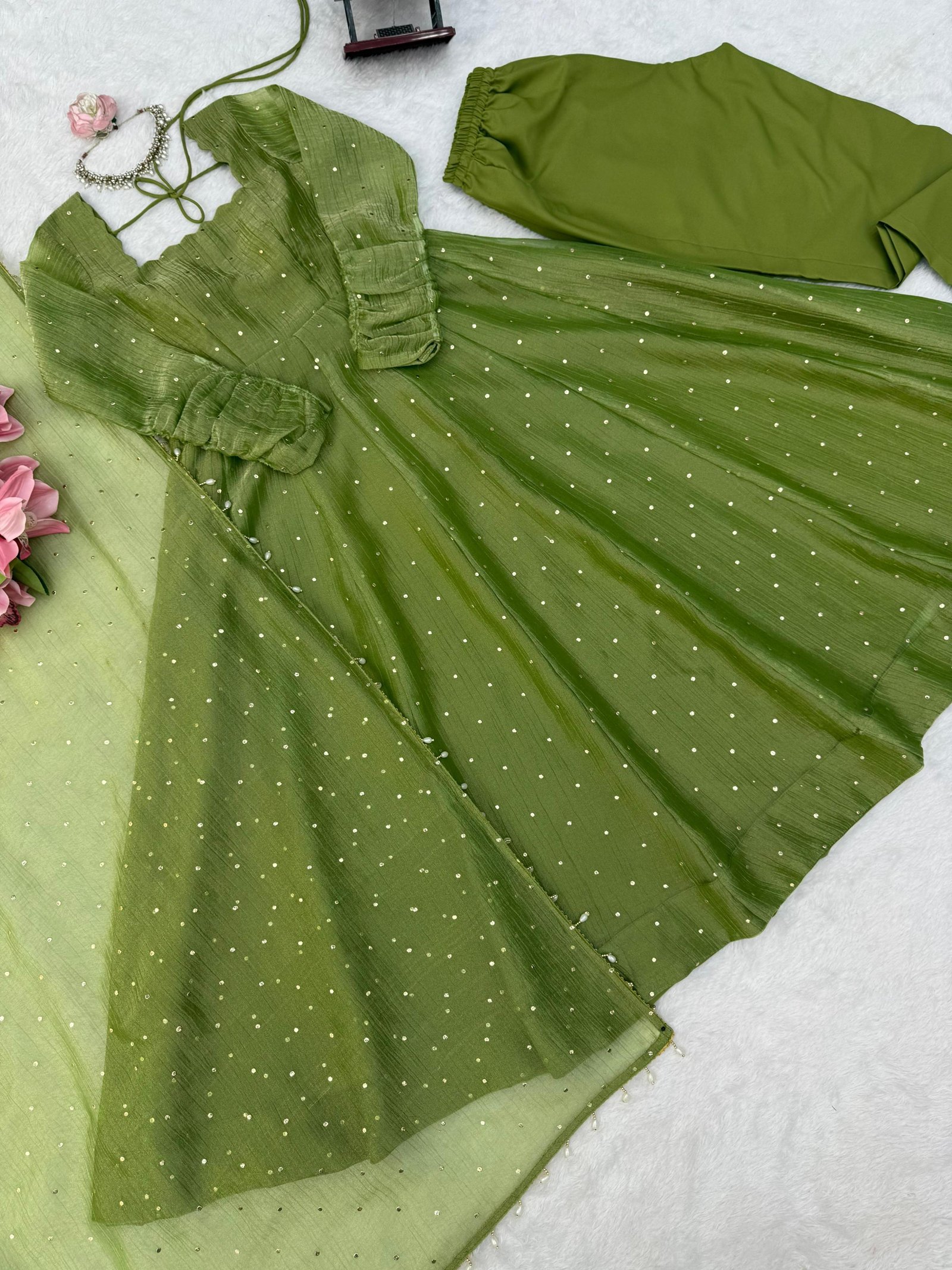 Green Dream Gown💚Anarkali Bottom with Dupatta set