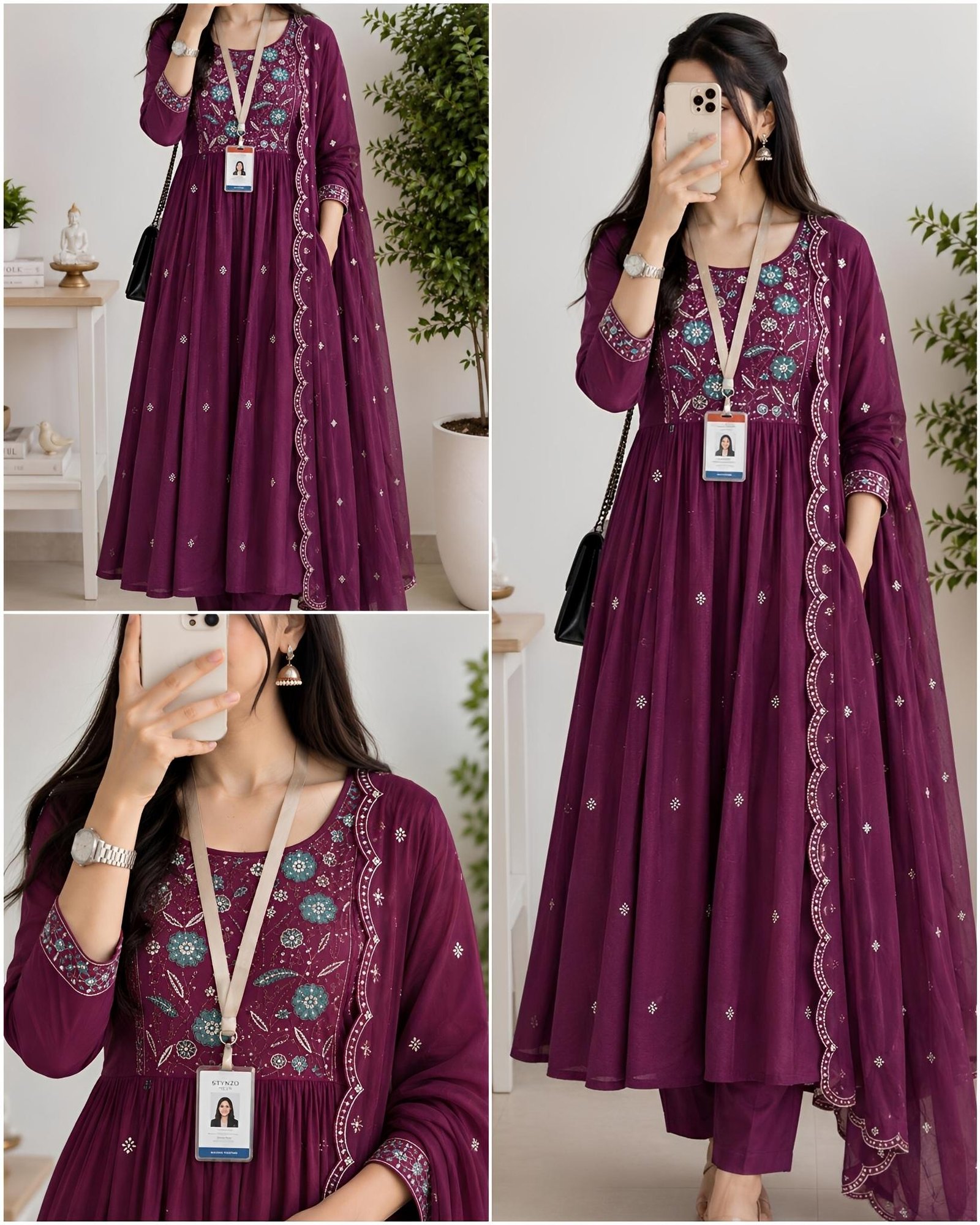 Floral Embroidered Office Mul Chanderi Kurta Set with Dupatta
