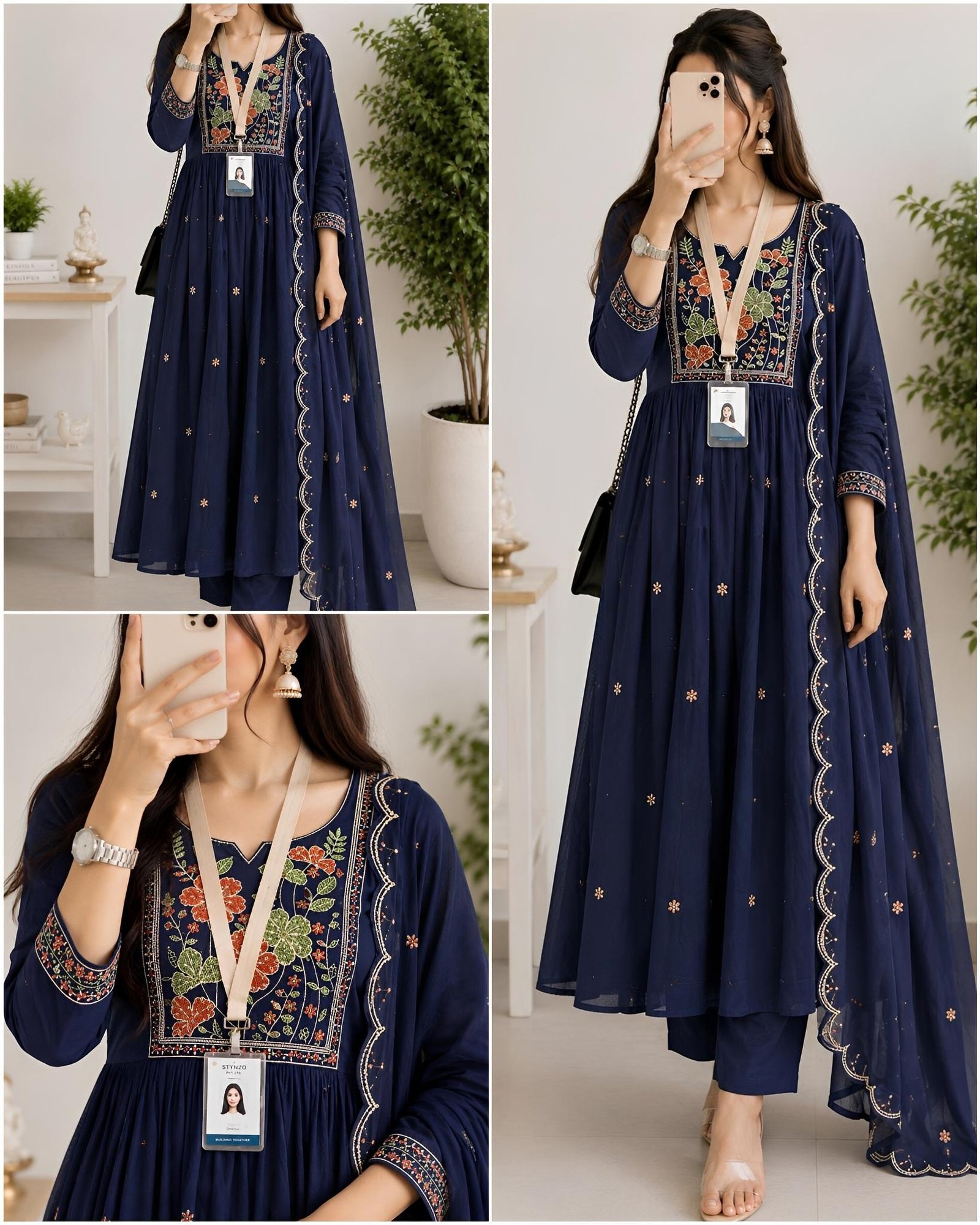 Floral Embroidered Office Mul Chanderi Kurta Set with Dupatta