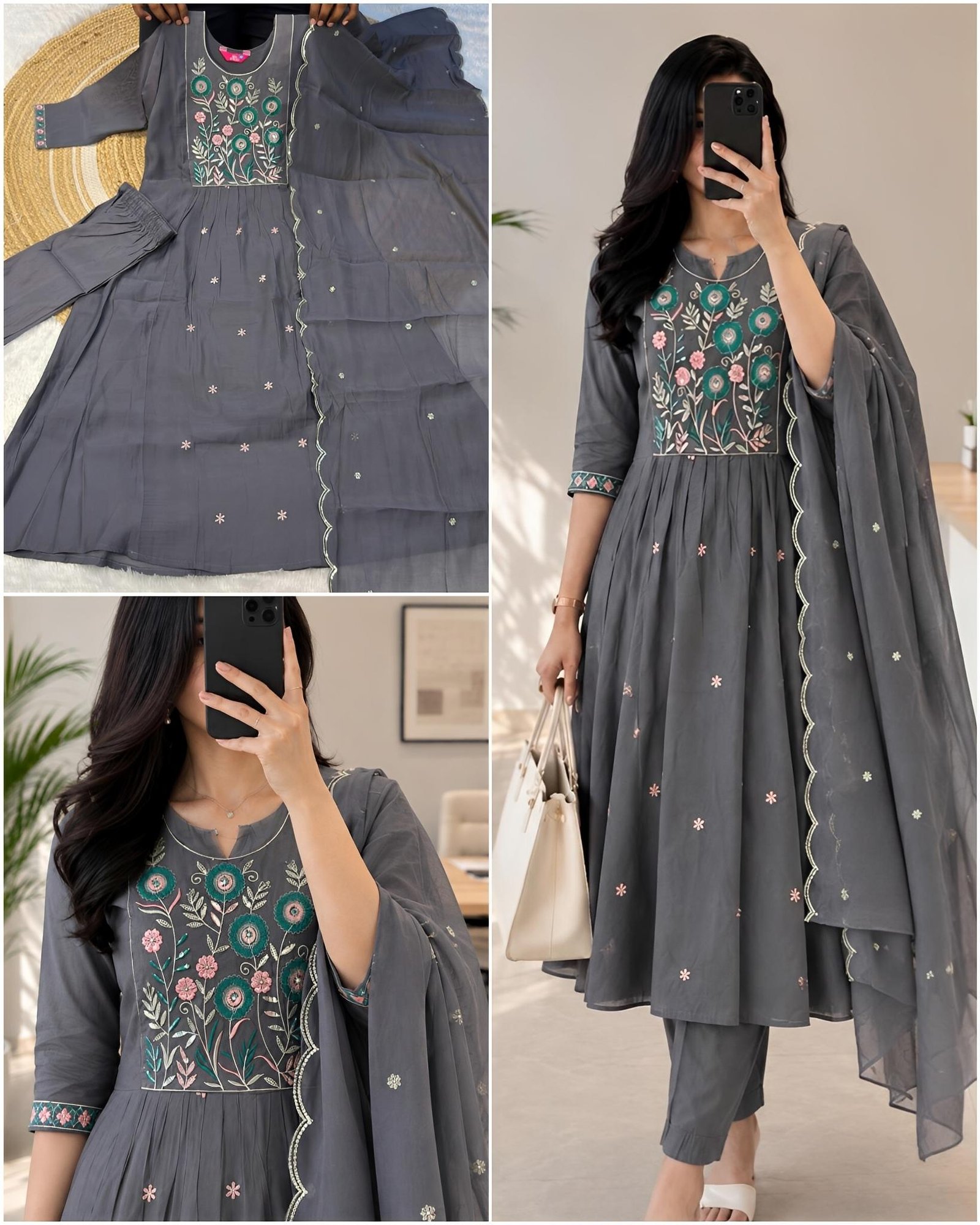 Floral Embroidered Office Mul Chanderi Kurta Set with Dupatta