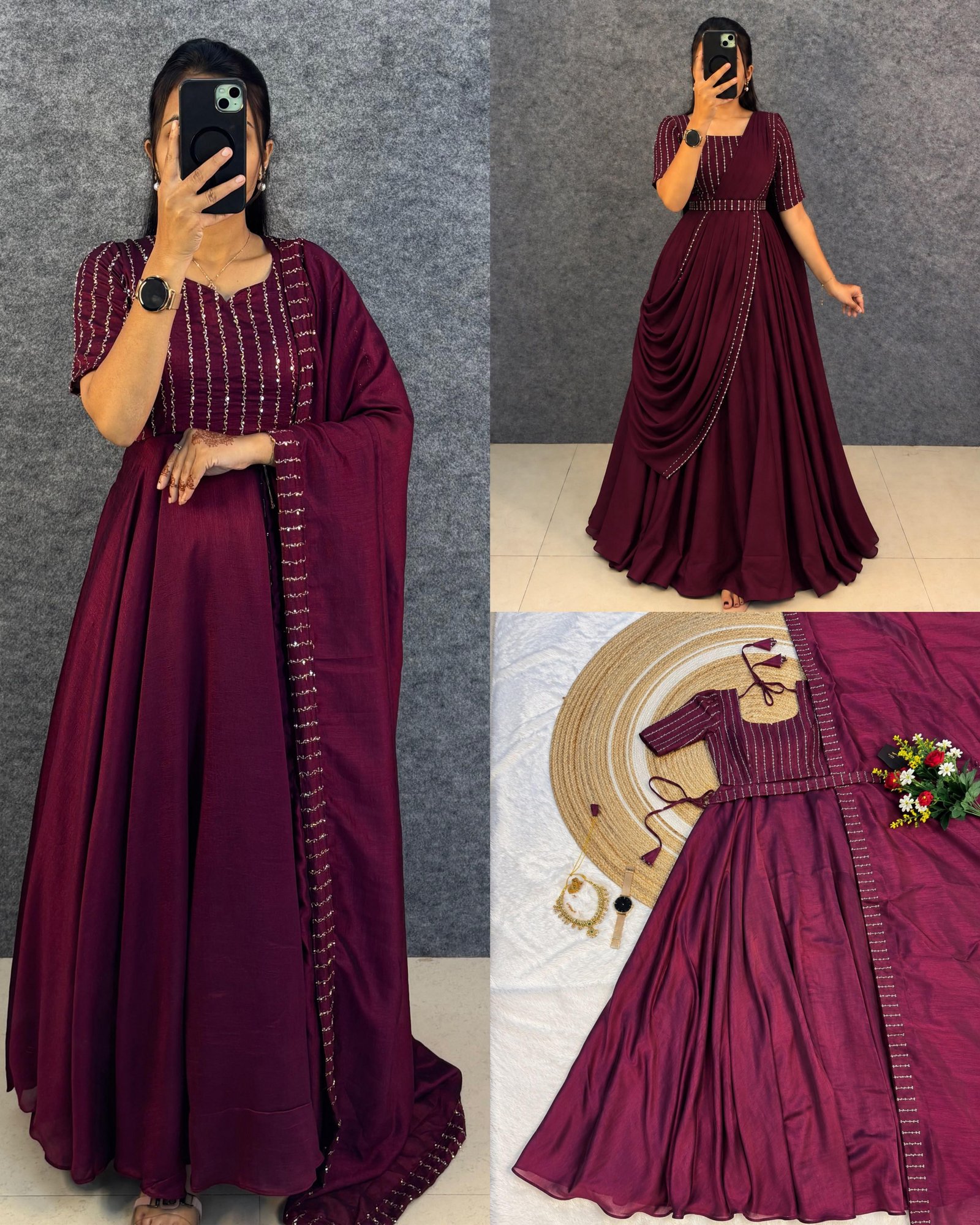 Aaradhya Gown❤️Premium Vichitra Silk, elegant beadwork & a versatile draped designer gown✨