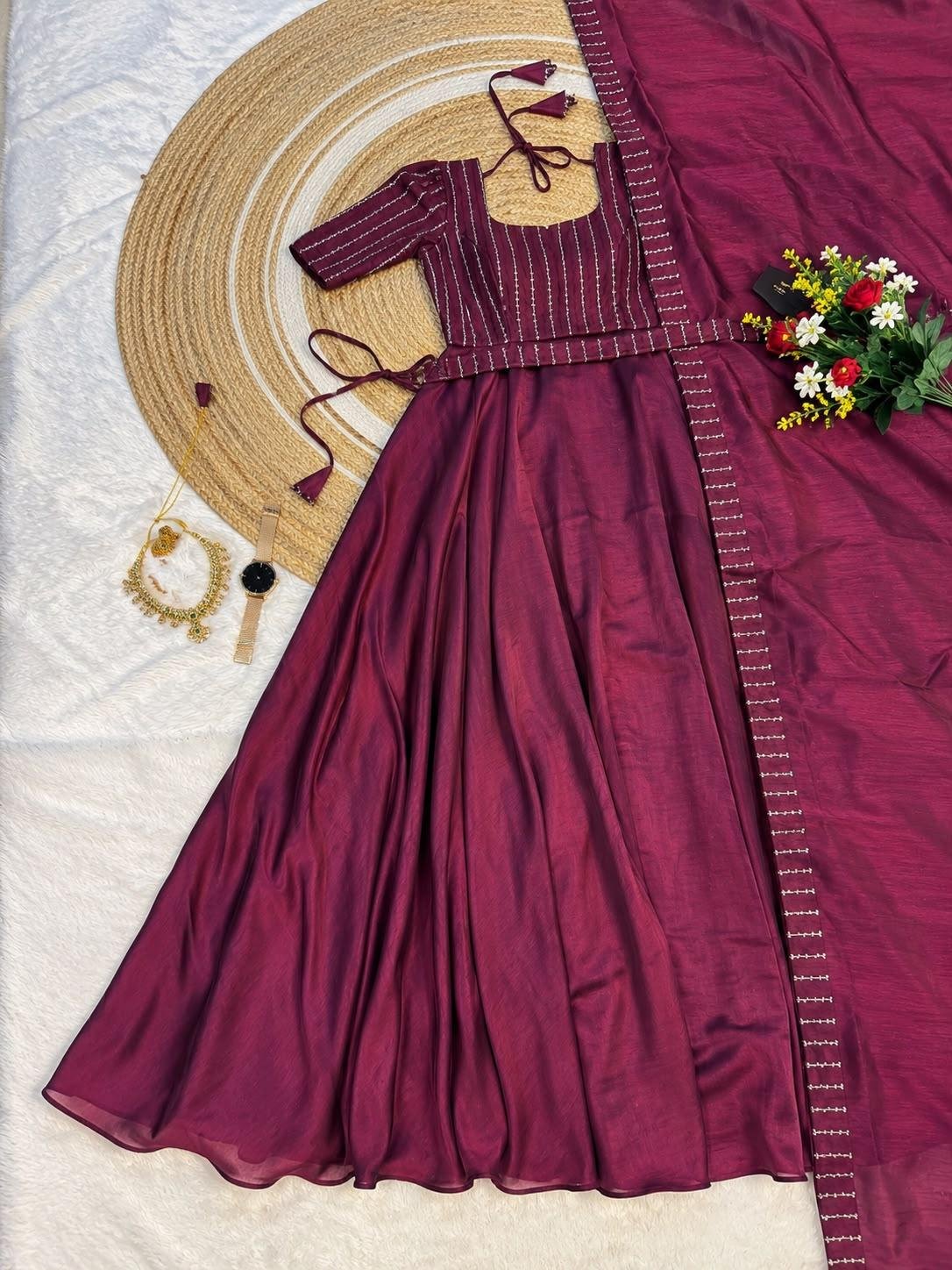 Aaradhya Gown❤️Premium Vichitra Silk, elegant beadwork & a versatile draped designer gown✨