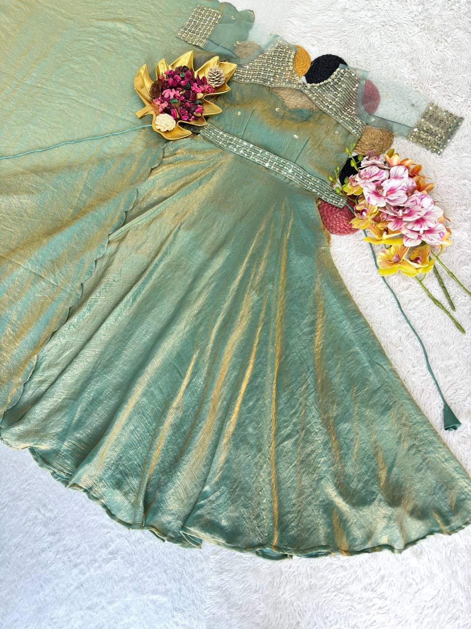 Glamorous Sequins Embroidered Gown With Koti & Dupatta
