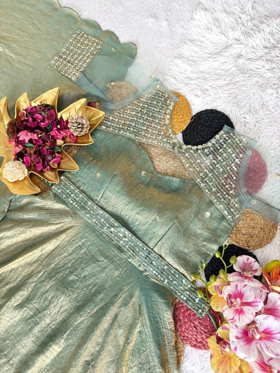 Glamorous Sequins Embroidered Gown With Koti & Dupatta